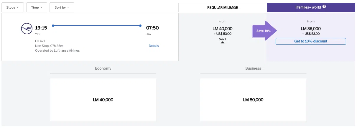 LifeMiles award on Lufthansa from YYZ-FRA for 40,000 miles in economy or 80,000 in business class